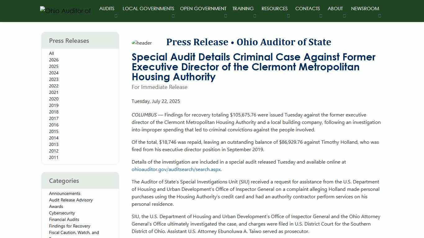 Press Release • Ohio Auditor of State